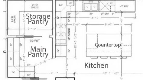 Canning Kitchen Layout Floor Plans, Kitchen Pantry Floor Plan, Canning Kitchen Layout, Walk In Pantry Dimensions, Kitchen Blueprints, Pantry Dimensions, Butler Kitchen, Floor Plan With Dimensions, Canning Kitchen