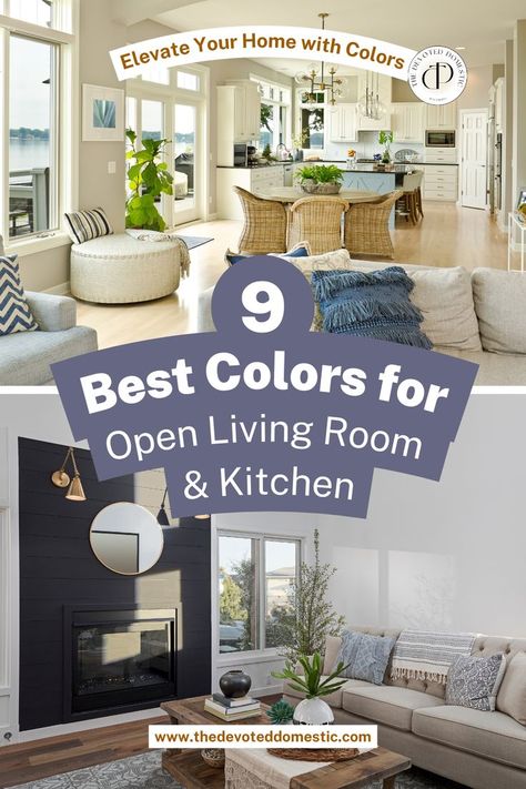 Oh my, how I wish i knew about these paint ideas for open living room and kitchen sooner! From classy living room color schemes & living room color combination to more vibrant and unique choices, you'll find the right match for your open living room and kitchen, that's for sure! Living Room Off Kitchen Layout, Open Concept Bold Paint Colors, Decorating Open Floor Plan Living Room, Open Kitchen And Living Room Color Ideas, Open Plan Kitchen Living Room Colour Scheme, Open Concept Kitchen Living Room Colors, Open Concept Kitchen Dining Living Room, Open Living Room And Kitchen, Open Kitchen Living Room