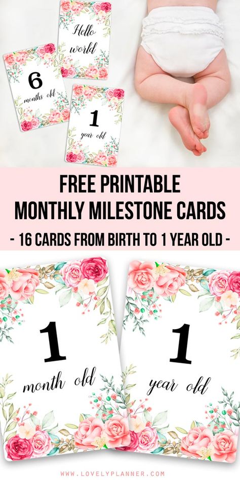 Free Printable Monthly Baby Milestone Cards: use these floral milestone cards to take monthly pictures and document your baby's first year. #freeprintable #babymilestone #milestonecards #baby #DIY #lovelyplanner Baby Milestone Chart, Baby Handprint Crafts, First Birthday Posters, Baby Milestones Pictures, Monthly Pictures, Milestone Stickers, Milestone Pictures, Shabby Chic Flowers, Baby Handprint