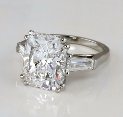 Radiant Diamond Engagement Ring with Baguettes Radiant Diamond Engagement Rings, Cushion Cut Diamond Engagement Ring, Baguette Engagement Ring, Cushion Cut Diamond Ring, Cool Wedding Rings, Cushion Cut Diamond, Cushion Cut Engagement Ring, Best Engagement Rings, Antique Engagement