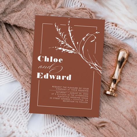 Modern Boho Floral Terracotta Burnt Orange Wedding Invitation Terracotta Rust Wedding, Boho Flower Wedding, Eclectic Wedding Invitations, Rust Wedding Invitation, Boho Floral Wedding Invitations, Terracotta Wedding Invitation, Contemporary Wedding Invitations, Burnt Orange Wedding, Orange Wedding Invitations