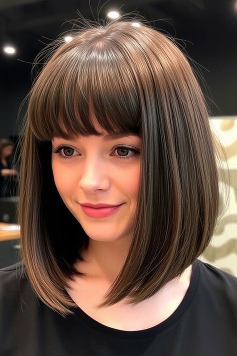 Chocolate Brown A-Line Bob with Full Bangs, a-line bob haircut with fringe Classic Bob With Bangs, Short Bob With Bangs For Black Women, Full Bangs Round Face, Medium Bob With Fringe, Bob Haircut With Fringe, Bob With Full Bangs, Round Face Fringe, A Line Bob With Bangs, Fringe Bob Haircut