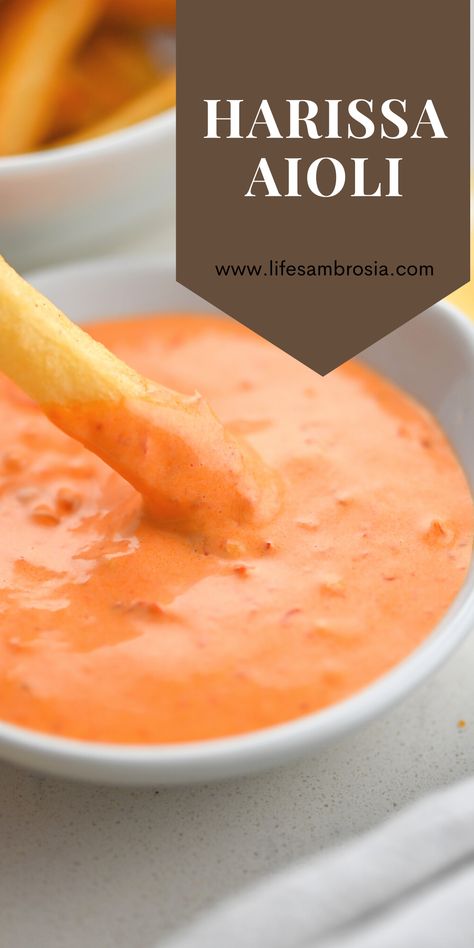 Harissa Aioli is creamy, spicy, comes together in a flash and is good on just about anything. From fries, to burgers to chicken and chips, you are going to want to dip all the things in it Harissa Aioli, Most Pinned Recipes, Spicy Aioli, Spicy Dip, Chicken And Chips, Grandma's Recipes, Aioli Recipe, Grandmas Recipes, Savory Recipes