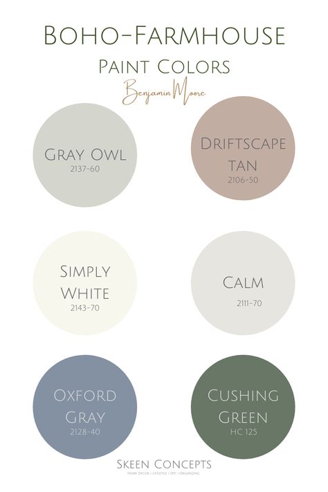 Add boho-farmhouse style to your home with these Benjamin Moore paint colors. Complete your boho-farmhouse home design with these colors. Farmhouse Boho Paint Colors, Farmhouse Paint Colors Interior 2023, Boho Home Paint Colors Interior, Boho House Paint Colors, Colors That Go With Grey Walls, Boho Farmhouse Bedroom Colors, Benjamin Moore Color Pallets, Farmhouse Pop Of Color, Benjamin Moore Colour Palettes