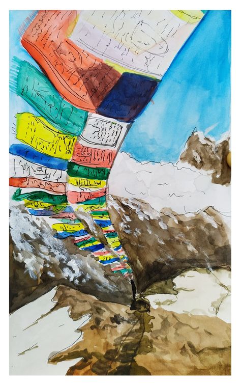 Prayer flags in Sikkim Tibetan Flag Wallpaper, Nepali Art Paintings, Nepali Drawing, Sikkim Drawing, Sikkim Painting, Sikkim Culture Art, Nepali Decor, Nepal Illustration, Nepali Painting