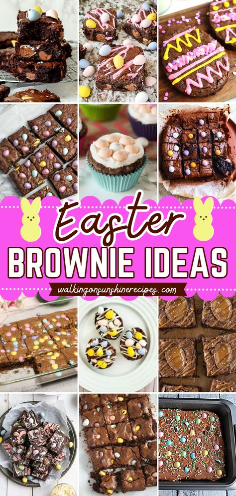 Check out these Easter baking ideas featuring chocolate brownies that are chewy, fudgy, and gooey! Everyone will love these easy Easter desserts. Whether homemade or using a boxed mix, these Easer brownie recipes are fun and festive! Easter Bakesale Treats, Easter Themed Brownies, Easter Bakes To Sell, Easy Chocolate Easter Desserts, Brownie Easter Dessert, Easter Brownies With Peeps, Easter Dessert Chocolate, Easter Egg Brownies, Easter Brownie Ideas