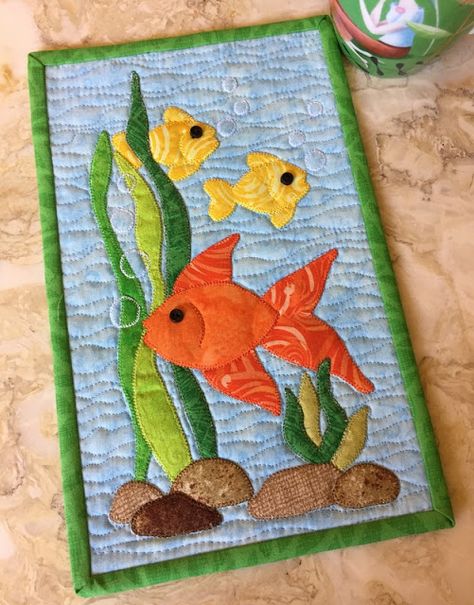 F Is For Fish, Fish Quilt Pattern, Beach Quilt, Fish Quilt, Sea Quilt, Fabric Postcards, Applique Quilt Patterns, Baby Quilt Patterns, Miniature Quilts