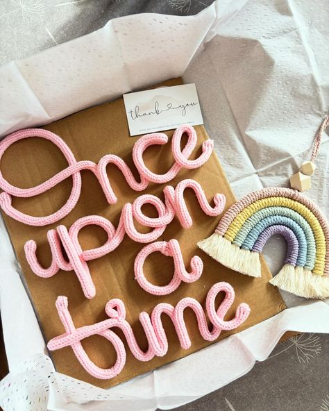 This gorgeous order is off to its home today. Lovely combination from the buyer to add a rainbow to their chosen knitted sign. I don’t get to make them often so it’s great when the opportunity comes up! #knittedwirewords #knittedsign #onceuponatime #macramerainbow #macrame #icord #tricotin #handmadegifts #giftsforchildrensrooms #kidsroomdecor #etsy #etsyseller Once Upon A Time Sign, Knitted Wire, Macrame Rainbow, Rainbow Wall Hanging, Word Signs, I Cord, Reading Corner, Nursery Signs, Child's Room