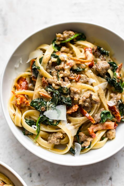 Creamy Tuscan Sausage Pasta, Tuscan Sausage Pasta, Tuscan Sausage, Creamy Sausage Pasta, Sausage Spinach Pasta, Night Dinner Recipes, Sausage Pasta Recipes, Italian Sausage Recipes, Sausage Pasta