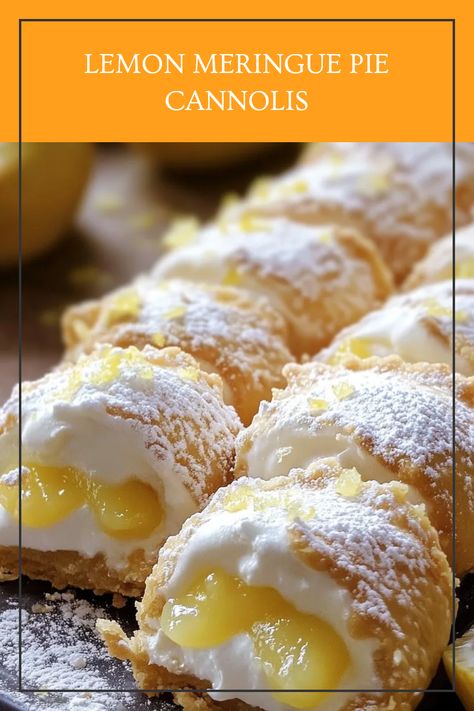 Delicious Lemon Meringue Pie Cannolis filled with creamy lemon and topped with meringue, offering a perfect sweet and tangy blend in a crispy shell. Lemon Desserts With Puff Pastry, Classic Lemon Meringue Pie, Lemon Angel Pie, Canned Lemon Pie Filling Recipes, Lemon Pie Filling Recipes, Lemon Meringue Recipe, Lemon Pies, Lemon Meringue Pie Easy, Lemon Meringue Pie Recipe