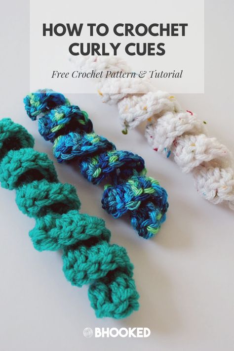 How to crochet curly cues. Click through for the free pattern and video tutorial! #BHooked #Crochet #FreeCrochetPattern Crochet Curly Cues, Crochet Curls, Crochet Cat Toys, Crocheted Items, Crochet Hair Accessories, Crochet Dresses, Quick Crochet, Crochet Instructions, Crochet Flower Patterns