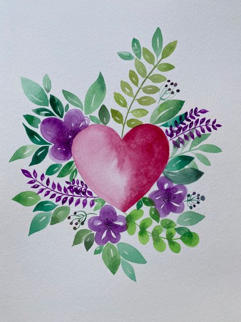 Heart, leafs, flowers Valentines Flowers Drawing, Valentine Watercolor Painting Heart Art, Watercolor Art For Valentines Day, Watercolor Hearts Painting, Spring Watercolor Cards, Valentine Watercolor Ideas, Watercolor Valentines Art, Floral Heart Drawing, Valentines Watercolor Cards