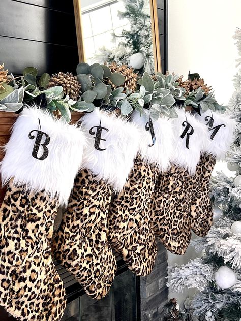 Mantel Christmas, Personalized Christmas Stocking, Xmas Gifts For Her, Leopard Christmas, Holiday Mantel, Girlfriend Christmas, Christmas Mantel Decorations, Christmas Stockings Personalized, Font Generator