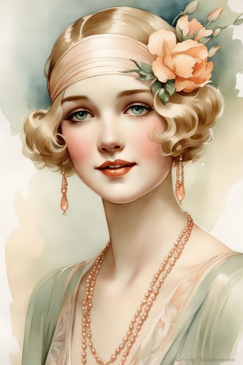 Elegant 1920s tween flapper girl by Gatekeeper - Playground Hyperrealistic Portrait, Art Deco Drawing, Gatsby Girl, Art Deco Cards, Flapper Art, Art Deco Artwork, Steampunk Women, Art Deco Lady, Fashion Illustration Vintage