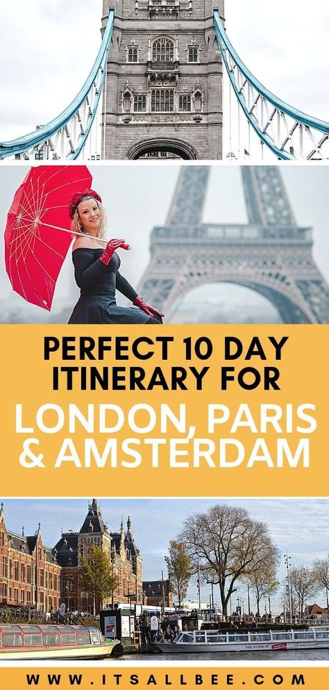 The perfect 10-day itinerary for London Paris Amsterdam. Cover 3 cities with ease! Things to do in each city, how to get from London to Paris and Paris to Amsterdam and vice versa if you choose to do the itinerary the other way round. Tips on the best ares to stay in each city. #trip #traveltips #vacation #europe #honeymoon #holiday #adventure #couples# #girlsgetaway #stagdo London To Amsterdam, Couples Trips, Paris Train, Day Trips From Paris, Amsterdam Itinerary, Switzerland Tour, Day Trip From Paris, Paris Itinerary, London Attractions