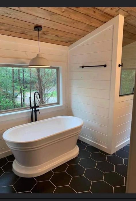 Bathrooms With Freestanding Tubs, Freestanding Tub With Shower, Window Over Tub, Ferguson Bathroom, Redo House, Cottage Bathrooms, Summer House Design, Primitive Bathroom, Freestanding Tubs