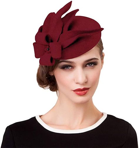 F FADVES Elegant Wedding Wool Felt Fascinator Cocktail Pillbox Hat Ladies Winter Floral Fedoras Wine Red at Amazon Women’s Clothing store Polka Dot Veil, Felt Fascinator, Wedding Tea Party, Party Ladies, Hat Wool, Wedding Tea, Flower Black, Cocktail Hat, Classic Hats