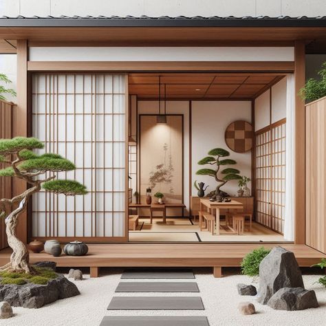 Japanese Screens Divider, Japanese Fireplace, Japanese House Layout, Lanai Ideas, Japanese Garden Style, Ranch Ideas, Japanese Home Design, Japanese Tree, Japanese Interiors