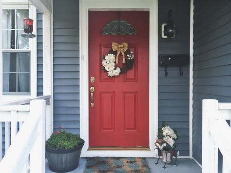 Blue house with red front door Red Front Door Blue House, Blue House Burgundy Door, Modern Farmhouse Red Front Door, Blue Gray Exterior House Colors Red Door, Blue Siding Red Door, Blue House Red Door White Trim, Navy Blue House With Red Door, Red Door Blue House, Blue House With Red Door