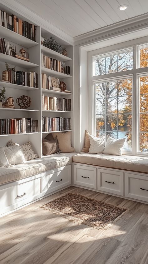 Cute At Home Library, White Bookshelves Living Room, Book Shelf Around Window, Library In House Aesthetic, House Interior Library, House Library Aesthetic, Small House Library, House Goals Aesthetic, In Home Library Ideas