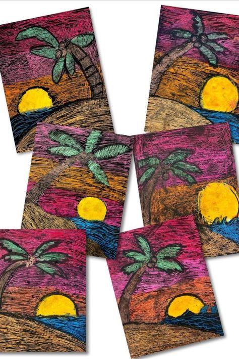 Six similar but different drawings of a tropical sunset with a palm tree and sunset. They have bright colors with black peaking through as it was scratched off with a sgraffito technique. Online Art Tutorials, Wood Block Prints, Visual Art Lessons, Summer Art Projects, Art Project For Kids, 3rd Grade Art, Project For Kids, Kids Art Class, Art Lessons For Kids