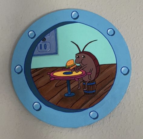 Spongebob Circle Window, Sponge Bob Painting Ideas, Sponge Bob Window Painting, Spongebob Home Decor, Spung Bob Paintings, Spongebob Pottery, Spongebob Porthole Painting, Sponge Bob Window, Porthole Painting