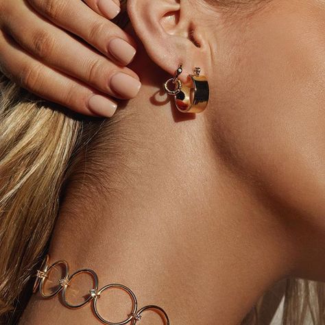 perfect golden details courtesy of our Positano Hoops, Double Serpent Huggies + Scattered Gem Loop Choker ✨ Thick Gold Hoop Earrings, Thick Gold Hoops, Sensitive Ears Earrings, Chunky Gold Hoop Earrings, Luv Aj, Chunky Earrings, Ear Earrings, Sheet Metal, Gold Hoops