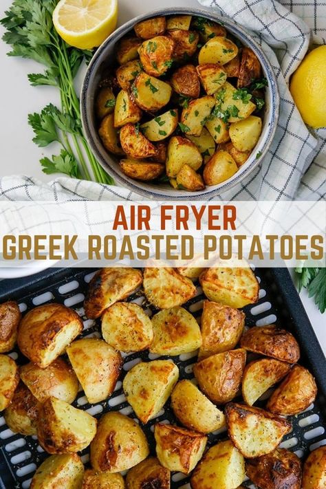 Air Fryer Greek Roasted Potatoes are a twist on a classic side dish that’s sure to be a dinner staple! These crispy delectable potatoes are super easy to make with simple ingredients and in 30 minutes or less! #airfryerreciepes #sidedishes #roastedpotatoes Greek Potatoes Easy, Easy Greek Potatoes Recipe, Greek Potatoes Recipe Air Fryer, Greek Potatoes Air Fryer, Roasted Veggies In Air Fryer, Roast Potatoes In Air Fryer, Air Fryer Mediterranean Recipes, Bunky Ideas, Greek Potatoes Roasted