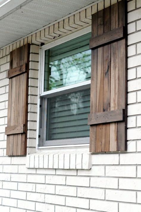 Shutters White House, Farmhouse Exterior Shutters, Brick Farmhouse Exterior, Rustic Farmhouse Exterior, Wood Shutters Exterior, Farmhouse Style Exterior, Farmhouse Shutters, Diy Exterior, Deck Stain