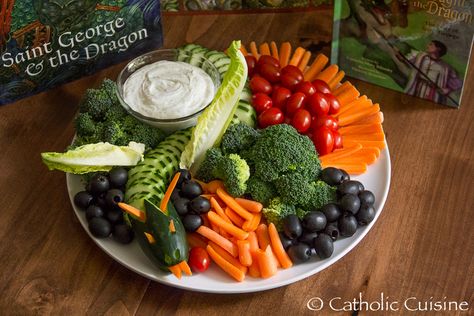 Catholic Cuisine: St. George and the Dragon Veggie Platter Dragon Themed Birthday Party, St George And The Dragon, Dragon Baby Shower, Veggie Platter, Happy Feast, Dragon Cakes, Saint George And The Dragon, Dragon Birthday Parties, Medieval Party