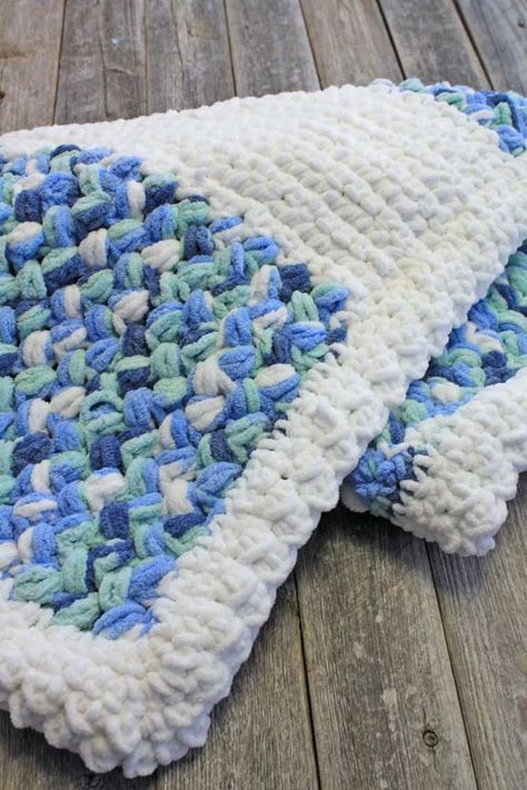 Easy to Make: Seaway Chenille Crochet Baby Blanket Pattern - A More Crafty Life Baby Blanket Borders Crochet Ideas, Bernat Baby Blanket Yarn Patterns, Chunky Baby Blanket Crochet Pattern, Crochet Baby Blanket Borders, Cozy Crochet Blanket, Scrubby Pattern, Chenille Crochet, Chunky Crochet Baby Blanket, Crochet Blanket Ideas