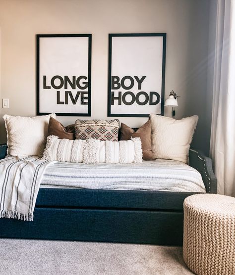 Boy Bedroom, Tween Boy Room, Boys bedroom ideas, Home decor, home deisgn, desk, leather desk chair, eclectic deisgn, long live boy hood print, Best Kid ever sign, Day bed, Large Scale Print DIY, IG @shoplindsey Boys Day Bed, Boy Day Bed, Day Bed Kids Room, Day Bed Boys Room, Daybed Boys Room, Daybed Kids Room, Boys Daybed, Day Bed Decor Ideas, Shared Boys Room Ideas