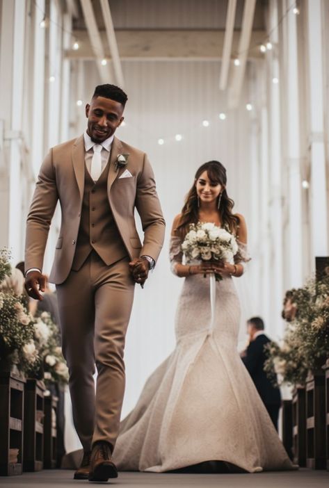 A heartwarming scene of a bride and groom, adorned in their wedding best, taking their first steps down the aisle. The harmonious blend of dark beige and white, infused with pop inspo, creates a tableau of love, joy, and timeless elegance. Exquisite Dresses, Wedding Outfit Men, Dark Beige, Dreamy Wedding, Wedding Men, Bride And Groom, Wedding Outfit, The Bride, Wedding Planning