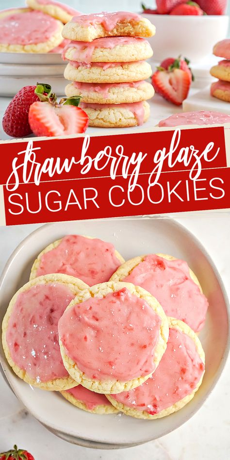 Easy Strawberry Sugar Cookies Recipe! Strawberry Glaze Sugar Cookies for Spring, Summer, and Valentine's Day! Easy Homemade Cookie Recipe with a simple fresh strawberry glaze! #lemonpeony #sugarcookies #strawberrycookies #strawberrysugarcookies Strawberry Icing Cookies, Cookie Recipes Spring, Summer Cookie Recipes Easy, Cookie Recipes Strawberry, Wedding Cookie Recipes Easy, Strawberry Cookie Recipes, Easy Spring Cookies, Spring Cookies Recipes, Lemon Strawberry Cookies