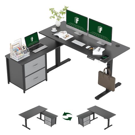 PRICES MAY VARY. LARGE & SPACIOUS WORKSPACE: Expansive 55'' x 23.6'' desktop offers more ample workspace. This L shaped standing desk provides spacious workstation for writing, studying, gaming and other home office activities, you can tackle tasks with ease and efficiency. REVERSIBLE STORAGE DRAWERS: This computer desk has two spacious drawers or shelves for storage. This desk with drawers is reversible that can be installed on either left or right. The shelves/drawers allow you to store differ His And Hers Desk Shared Office, Standing Desk L Shape, His And Her Desk Shared Office, Standing Corner Desk, Stand Up Desk Home Office, L Shaped Standing Desk, Office Desk Setup, Corner Standing Desk, Office Activities