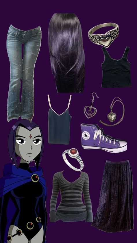 Raven Outfit Ideas, Raven Queen Inspired Outfits, Thats So Raven Outfit, Raven Makeup Teen Titans, Raven Inspired Outfits, Mha Outfits, Teen Titans Outfits, Outfit Ideas Goth, Raven Outfits