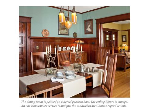 Arts And Crafts Dining Room, Craftsman Dining Room, Craftsman Interiors, Wood Wainscoting, Aqua Walls, Bungalow Interiors, Arts And Crafts Interiors, Craftsman Interior, Dining Room Remodel