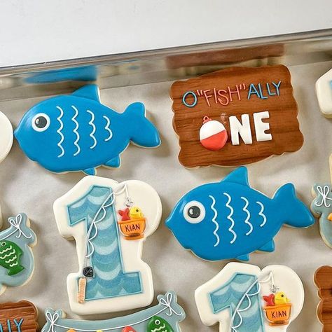 Oh'fish'ally One Birthday, Ofishally One Cookies, O Fish Ally One Cookies, O Fish Ally One Birthday Cakes, The Big One Fishing Birthday Cookies, O Fish Ally One Birthday, Oh'fish'ally One Smash Cake, Fish Cake Birthday, Fishing Themed Birthday Party