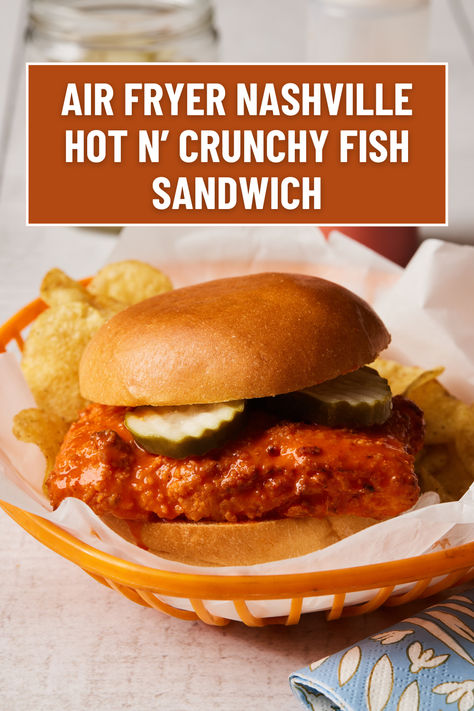 Reminiscent of a restaurant favorite, our homemade Nashville Hot n’ Crunchy Fish Sandwich is easy to make and just as satisfying. Air-fried fish fillets are coated in a sweet and spicy hot sauce and nestled between soft Brioche rolls with creamy mayo and tangy pickles. Treat your table to take-out flavors—no drive-through required! Angel Eggs, Fried Fish Sandwich, Crunchy Fish, Crispy Fried Fish, Sandwich Inspiration, Fish Sandwich Recipes, Air Fried Fish, American Comfort Food, White Fish Recipes