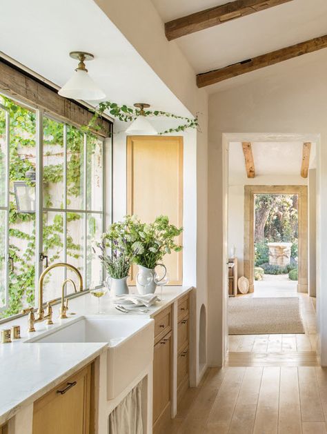 Large Window Over Sink, Farm Sink Kitchen, Patina Farm, Lower Cabinets, Modern Farmhouse Kitchen Decor, Sunny Kitchen, Wood Beam, Farm Sink, Modern Farmhouse Kitchens