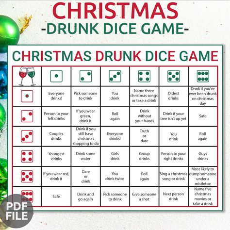 Drunk Dice Christmas Drinking Game | Christmas Party Game | Christmas Drinking Games | Drinking Game for Adults | Friends Drinking Games Christmas Jenga Game, Friendsmas Drinking Games, Holiday Drinking Games For Adults, Christmas Drinking Games For Adults, Friends Drinking Game, Adult Christmas Party Games, Adult Christmas Games, Drinking Dice Games, Work Christmas Party Games