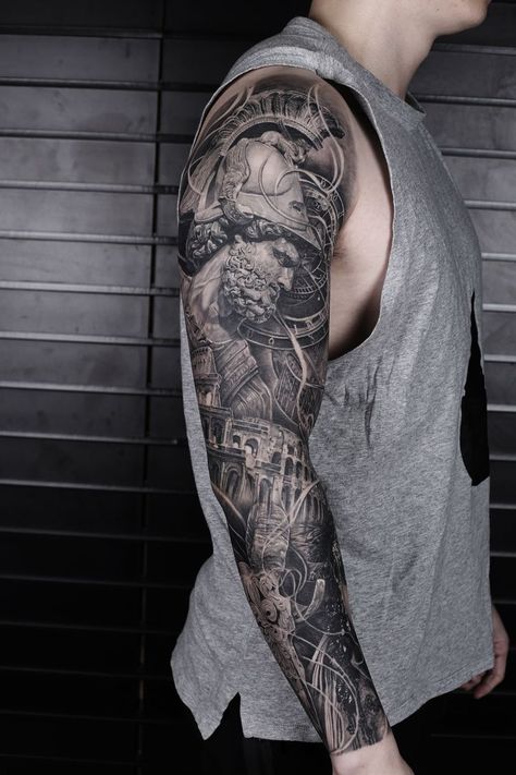 Greek God Tattoo Sleeve Men, One Arm Sleeve Tattoo Men, Full Sleeves Tattoos For Men, Realistic Full Sleeve Tattoo, Greek Mythology Full Sleeve Tattoo, Full Sleeve Black And Grey Tattoo, Mens Black And Grey Sleeve Tattoo, Men Greek Tattoos, Roman Sleeve Tattoo Men