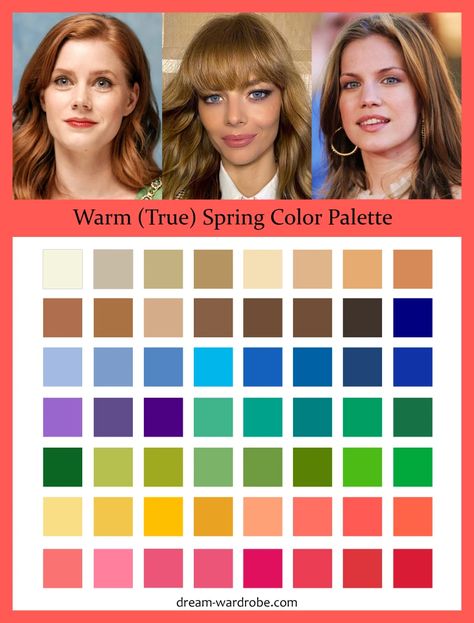 Warm (True) Spring Color Palette and Wardrobe Guide – Dream Wardrobe True Spring Color Analysis, Warm Spring Colour Palette, Warm Spring Color Palette Outfits, Spring Skin Tone, True Spring Palette, Warm Spring Palette, True Spring Color Palette, Warm Spring Color Palette, Warm Spring Outfits