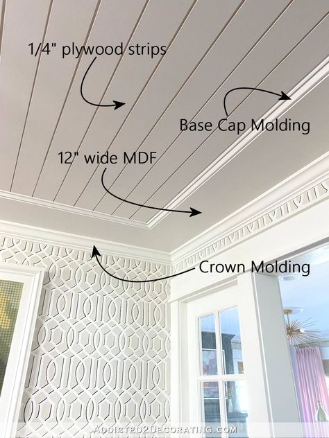 Farmhouse Crown Molding Ceilings, Ceiling Trim Molding, Farmhouse Crown Molding, Ceiling Molding Ideas, Repurpose Old Windows, Bathroom Crown Molding, Crown Molding Vaulted Ceiling, Crown Molding Ideas, Ceiling Remodel