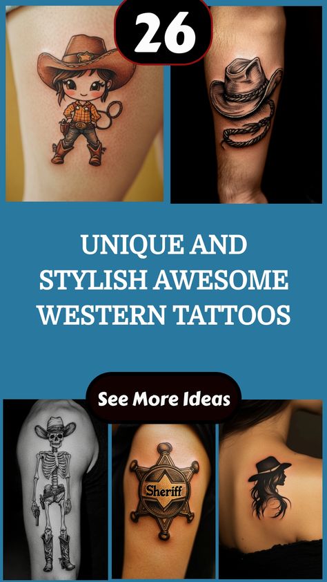 Western-themed tattoos including cowboy hats, a skeleton cowboy, and a sheriff badge. Cowboy Tattoos Western, Funny Western Tattoos, Cowgirl Tattoos For Women, Womens Western Tattoos, Country Tattoos For Men, Western Theme Tattoo, Cowboy Skeleton, Cowgirl Tattoos, Skeleton Tattoo