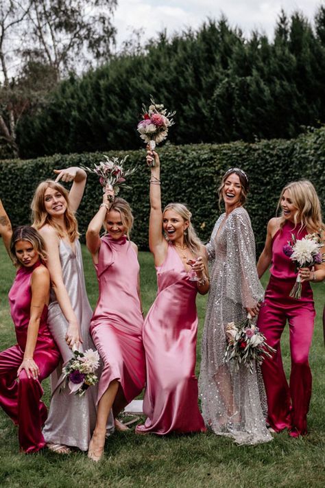 Pink Bride White Bridesmaids, Fushia Bridesmaid Dress, Pink Bridesmaid Dresses Matching, Different Bridesmaid Dresses Pink, Bold Pink Bridesmaid Dresses, Uk Bridesmaid Dresses, Assorted Pink Bridesmaid Dresses, Fun Pink Bridesmaid Dresses, Pink Sequin Bridesmaid Dress