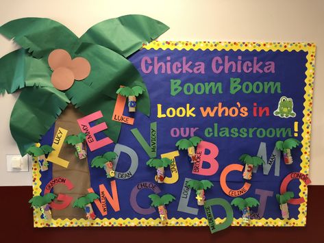 Chicka Chicka Boom Boom Bulletin Board Ideas, Preschool Name Bulletin Board, Year Around Bulletin Board Ideas, August Themed Bulletin Boards, Beginning Of The School Year Preschool Bulletin Boards, Back To School Classroom Decorations Daycare, First Month Of School Bulletin Boards, Classroom Bulletin Boards Daycare, Beginning Of School Year Door Decoration