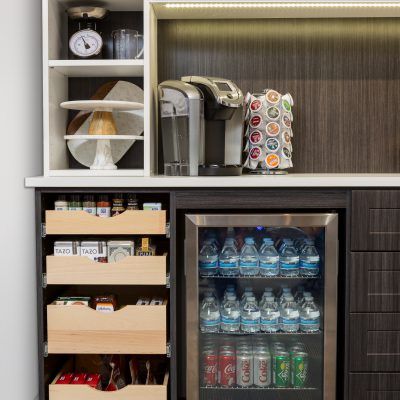 Custom Pantry Storage | Inspired Closets | No Space Wasted Beverage Center In Pantry, Mini Bar Fridge Ideas, Laundry Room With Beverage Fridge, Mini Fridge Pantry, Mini Fridge In Home Gym, Drink Fridge Ideas, Pantry Design With Mini Fridge, Pantry Beverage Fridge, Small Pantry With Mini Fridge