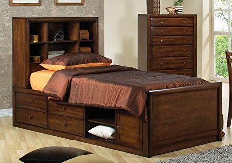 Coaster Fine Furniture 400280T Cama Individual de Madera Hillary Solida con Librero En La Cabecera, color Cappuccino Bed With Underbed, Queen Size Storage Bed, Twin Storage Bed, Beds For Small Rooms, Furnitur Ruang Keluarga, Cama Individual, Bookcase Bed, Bookcase Headboard, Transitional Bedroom