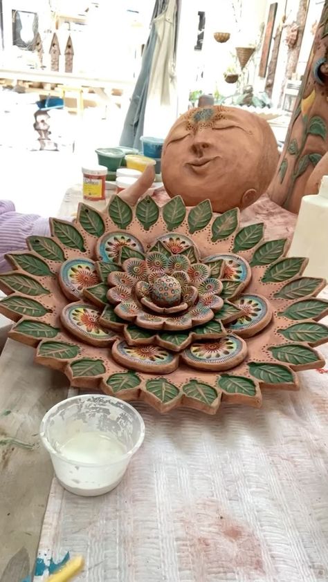 jena_bedson_ceramics on Instagram: Flower Life Mandala’s. Sometimes a splash of colour is what’s needed to lift the spirits.💛🧡❤️💚💙 #mandalaart #ceramicflowers #wallart… Ceramic Mandala, Jena Bedson Ceramics, Garden Art Sculptures, Pottery Handbuilding, Mexican Pottery, Hanging Pots, Diy Creative Crafts, Ceramics Pottery Art, Flower Mandala